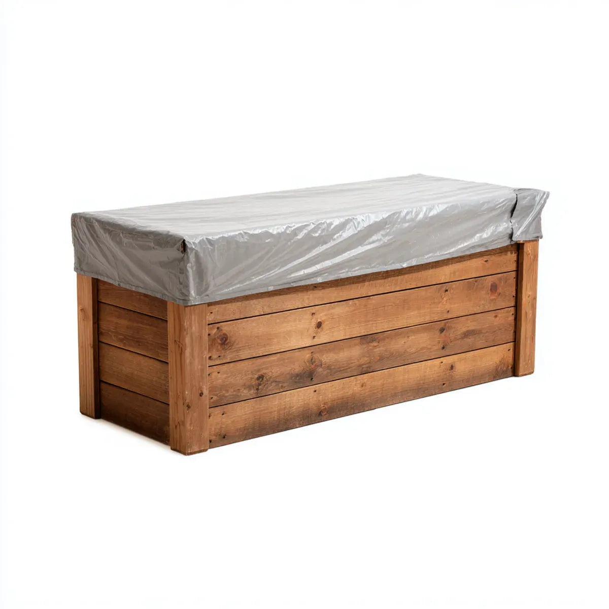 Coffre de rangement extérieur marron avec housse grise en pin massif forme rectangulaire 120 x 50 x 55 cm