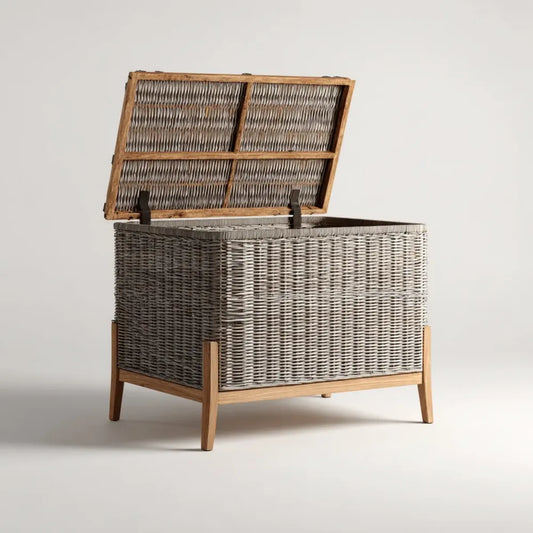 Coffre de rangement rectangulaire gris et naturel en osier et bois massif 80 x 45 x 65 cm