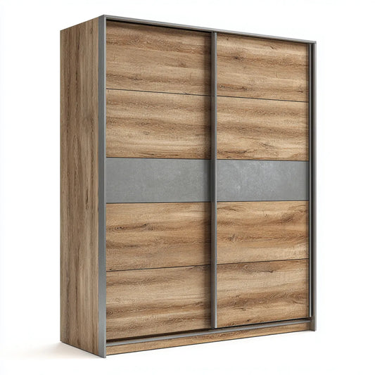 Armoire de chambre à coucher chêne et gris 180 x 60 x 200 cm en panneaux de particules rectangulaire à 2 portes coulissantes