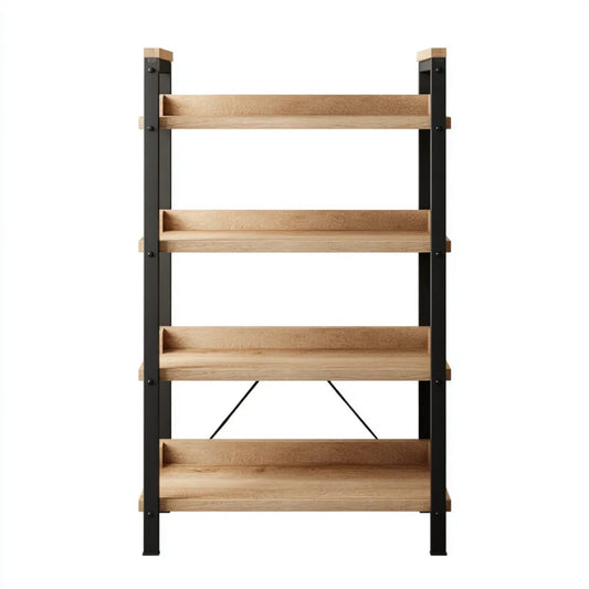 Étagère bibliothèque murale 4 niveaux chêne clair et noir 60 x 20 x 140 cm en bois massif et acier rectangulaire
