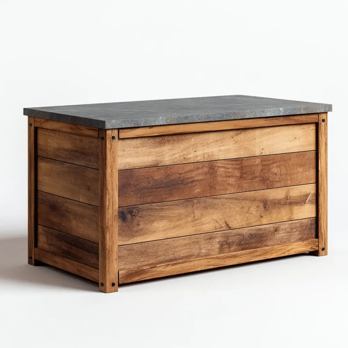 Coffre de rangement rectangulaire marron et gris en bois massif d'acacia avec plateau effet béton 90 x 45 x 50 cm