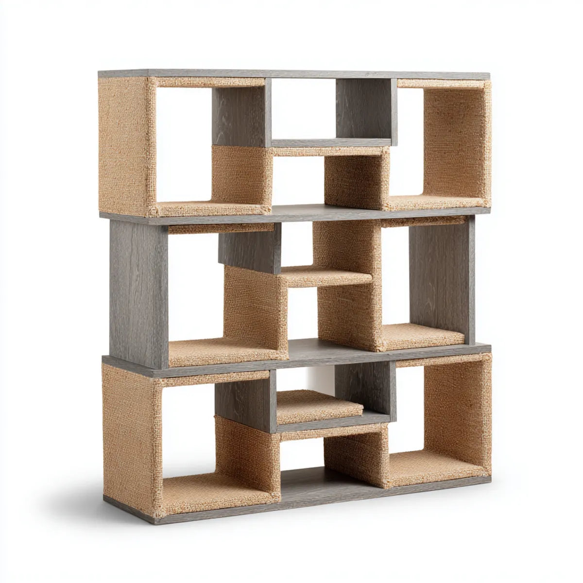 Bibliothèque modulaire à cases gris et beige 90 x 30 x 120 cm en panneaux MDF et fibres de sisal rectangulaire
