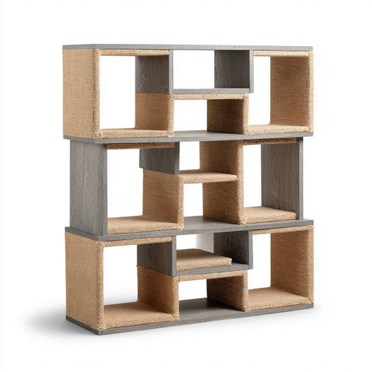 Bibliothèque modulaire à cases gris et beige 90 x 30 x 120 cm en panneaux MDF et fibres de sisal rectangulaire