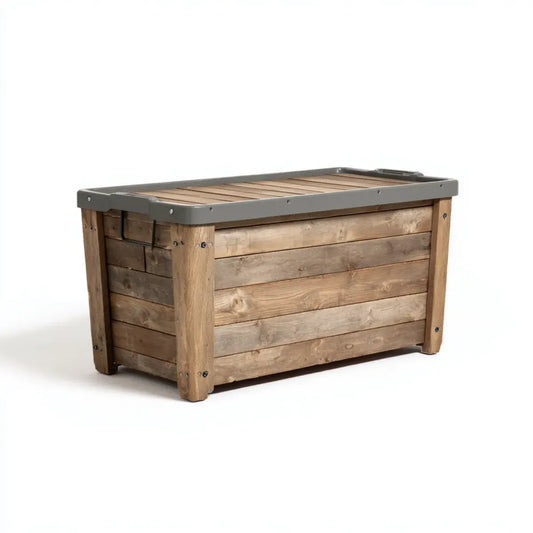 Coffre de rangement rectangulaire marron et gris 120 x 60 x 65 cm en pin massif et acier galvanisé