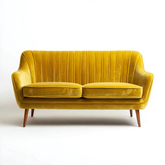 Canapé 2 places jaune moutarde en velours de polyester 145 x 78 x 85 cm avec pieds en bois massif forme arrondie