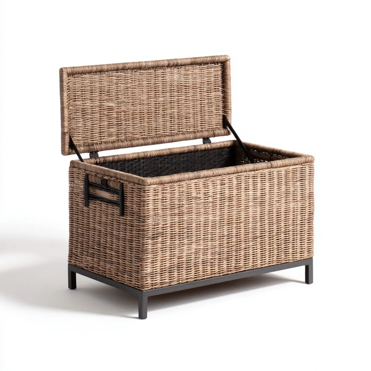 Coffre de rangement rectangulaire beige et noir en polyéthylène tressé avec cadre en acier 100 x 50 x 55 cm